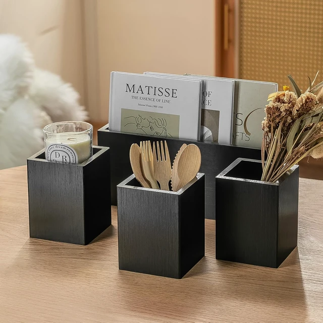 Alt view image 6 of 6 - Silverware Caddy Black Wood Silverware Holder Paper Plate Dispenser