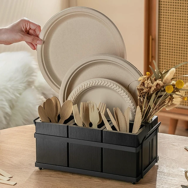 Alt view image 2 of 6 - Silverware Caddy Black Wood Silverware Holder Paper Plate Dispenser