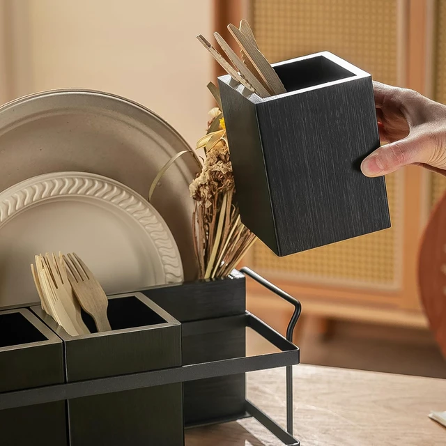 Alt view image 5 of 6 - Silverware Caddy Black Wood Silverware Holder Paper Plate Dispenser