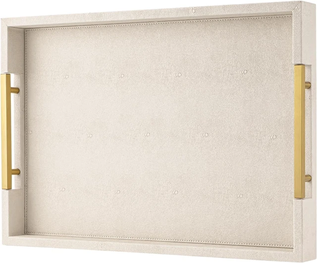 Main image of Beige Faux Leather Serving Tray with Handles Large Decorative Tray for Coffee Table, Ottoman, Living Room, Bathroom Home Decor