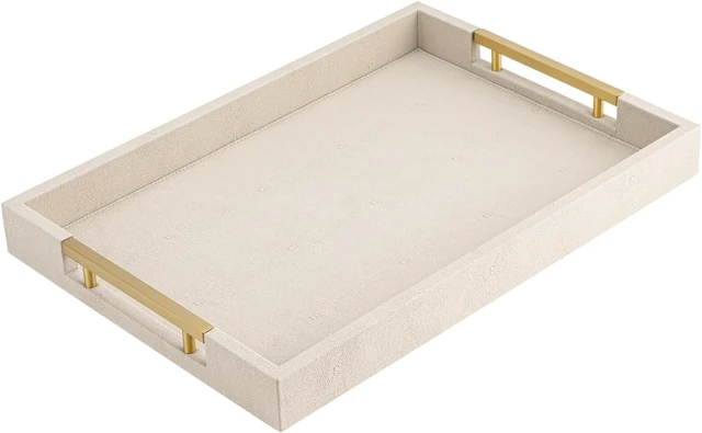 Alt view image 5 of 7 - Beige Faux Leather Serving Tray with Handles Large Decorative Tray for Coffee Table, Ottoman, Living Room, Bathroom Home Decor