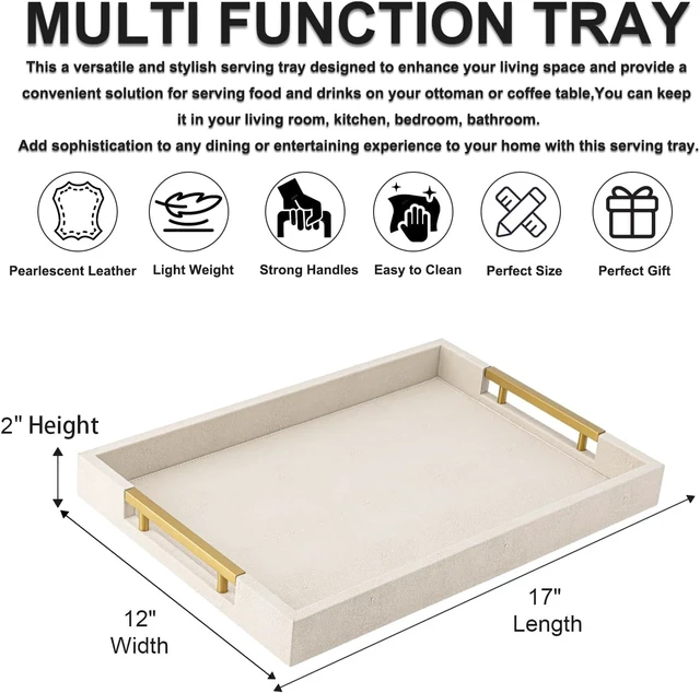 Alt view image 3 of 7 - Beige Faux Leather Serving Tray with Handles Large Decorative Tray for Coffee Table, Ottoman, Living Room, Bathroom Home Decor