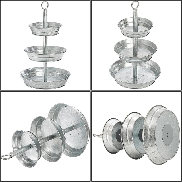 Alt view image 3 of 7 - 3 Tier Serving Tray, Galvanized Metal Cupcake Stand Vintage Dessert Appetizer Stand, Rustic Home and Garden Display Stand for Country Farmhouse, Kitchen, Indoor, Outdoor Use