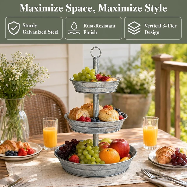 Alt view image 7 of 7 - 3 Tier Serving Tray, Galvanized Metal Cupcake Stand Vintage Dessert Appetizer Stand, Rustic Home and Garden Display Stand for Country Farmhouse, Kitchen, Indoor, Outdoor Use