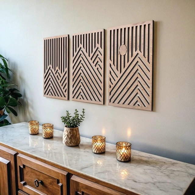 Main image of Modern Wooden Wall Sculptures - Set of 3 - Home Decor Accent - Large Wall Art for Living Room, Bedroom, Office - Easy Installation (Oak, Medium - Mountain and Sun)