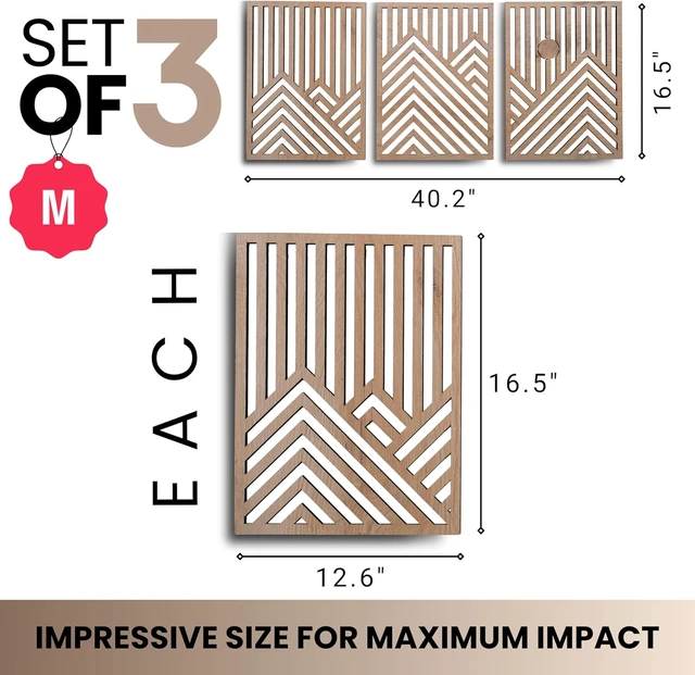Alt view image 2 of 7 - Modern Wooden Wall Sculptures - Set of 3 - Home Decor Accent - Large Wall Art for Living Room, Bedroom, Office - Easy Installation (Oak, Medium - Mountain and Sun)