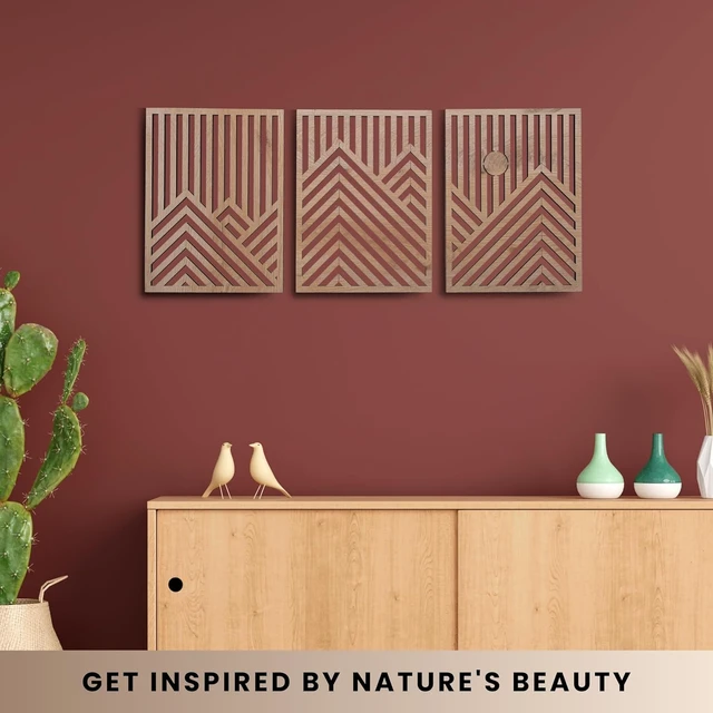Alt view image 5 of 7 - Modern Wooden Wall Sculptures - Set of 3 - Home Decor Accent - Large Wall Art for Living Room, Bedroom, Office - Easy Installation (Oak, Medium - Mountain and Sun)