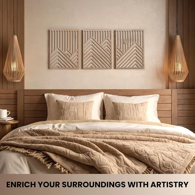 Alt view image 4 of 7 - Modern Wooden Wall Sculptures - Set of 3 - Home Decor Accent - Large Wall Art for Living Room, Bedroom, Office - Easy Installation (Oak, Medium - Mountain and Sun)
