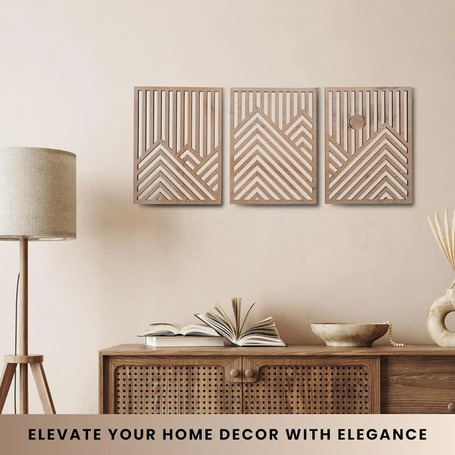 Alt view image 6 of 7 - Modern Wooden Wall Sculptures - Set of 3 - Home Decor Accent - Large Wall Art for Living Room, Bedroom, Office - Easy Installation (Oak, Medium - Mountain and Sun)