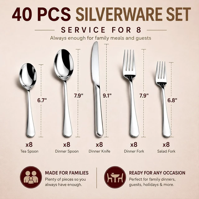 Alt view image 5 of 7 - 40 Pack Silverware Set for 8, Food-Grade Stainless Steel Flatware Set, Heavy Duty Mirror Polished Cutlery Utensils Set with Knives Spoons and Forks Set for Home Kitchen Restaurant Wedding