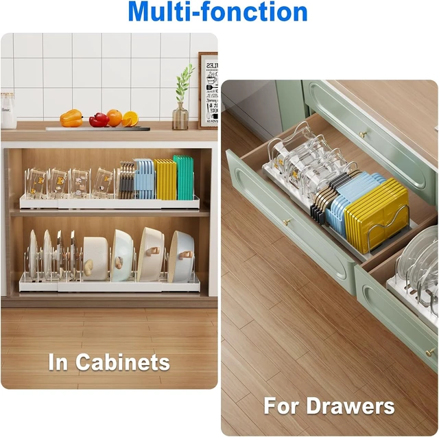 Alt view image 3 of 6 - 2 Pack Pots and Pans Organizer Under Cabinet, 22" Expandable Food Storage Container Lid Organizers with 9 Adjustable Dividers Pot and Pan Lid Holders Rack Inside Cabinet/Countertop(White)