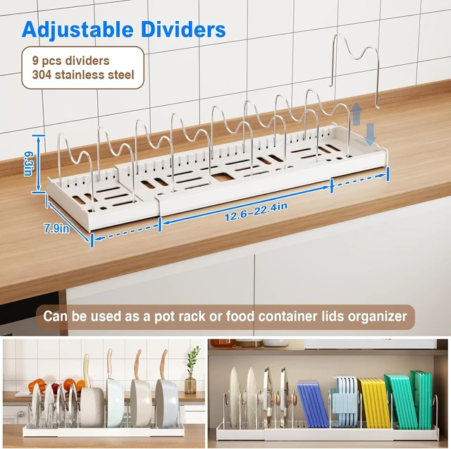 Alt view image 2 of 6 - 2 Pack Pots and Pans Organizer Under Cabinet, 22" Expandable Food Storage Container Lid Organizers with 9 Adjustable Dividers Pot and Pan Lid Holders Rack Inside Cabinet/Countertop(White)