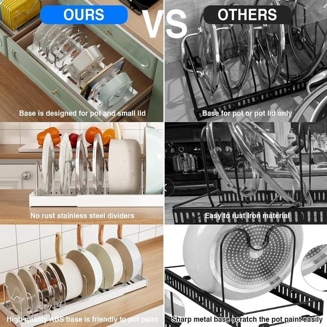 Alt view image 5 of 6 - 2 Pack Pots and Pans Organizer Under Cabinet, 22" Expandable Food Storage Container Lid Organizers with 9 Adjustable Dividers Pot and Pan Lid Holders Rack Inside Cabinet/Countertop(White)