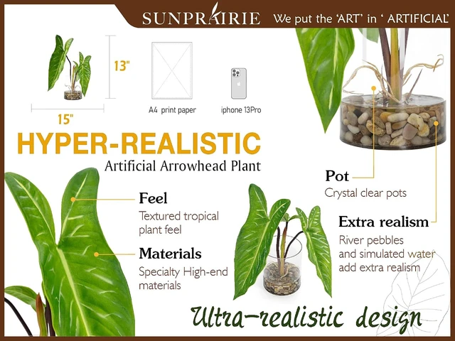 Alt view image 2 of 7 - Realistic Faux Plant in Clear Pot with Artificial Water, Narrow Arrowhead Leaves. Artificial Plants Indoor and Outdoor