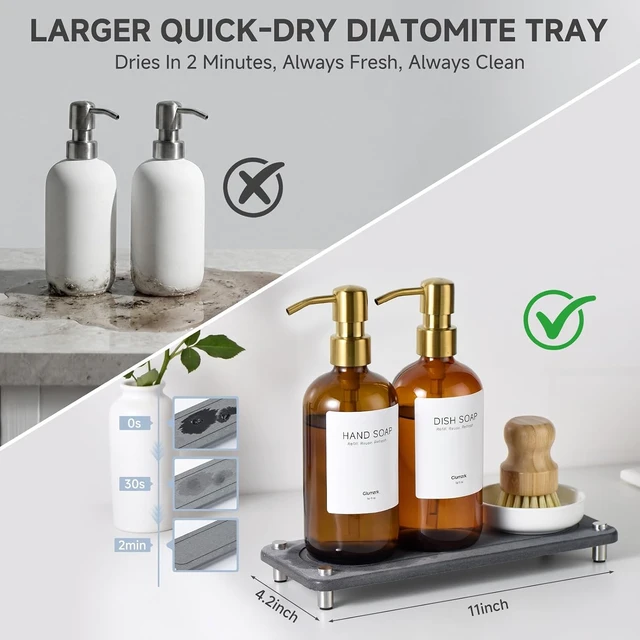 Alt view image 2 of 7 - Kitchen Soap Dispenser Set, 2 Pack 16oz Amber Glass Dish Soap and Hand Soap Dispenser with Gold Stainless Steel Pumps, Quick Dry Tray, Dish Brush & Holder, Refillable Soap Dispenser for Kitchen Sink