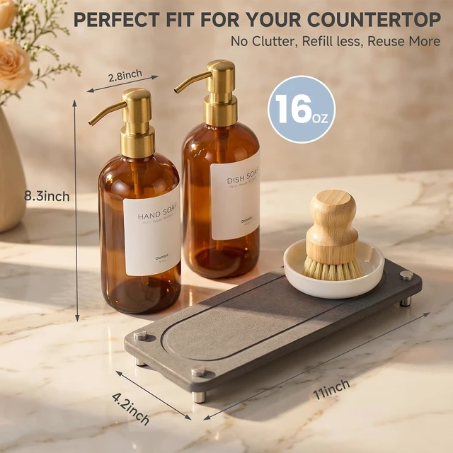 Alt view image 3 of 7 - Kitchen Soap Dispenser Set, 2 Pack 16oz Amber Glass Dish Soap and Hand Soap Dispenser with Gold Stainless Steel Pumps, Quick Dry Tray, Dish Brush & Holder, Refillable Soap Dispenser for Kitchen Sink