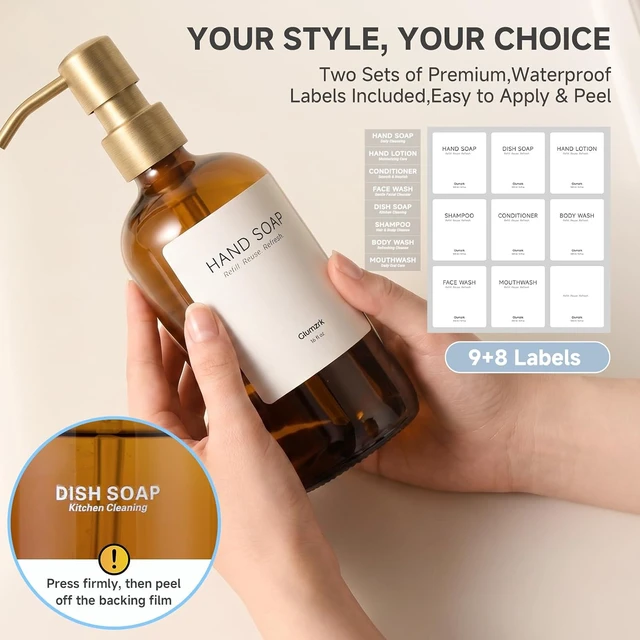 Alt view image 4 of 7 - Kitchen Soap Dispenser Set, 2 Pack 16oz Amber Glass Dish Soap and Hand Soap Dispenser with Gold Stainless Steel Pumps, Quick Dry Tray, Dish Brush & Holder, Refillable Soap Dispenser for Kitchen Sink