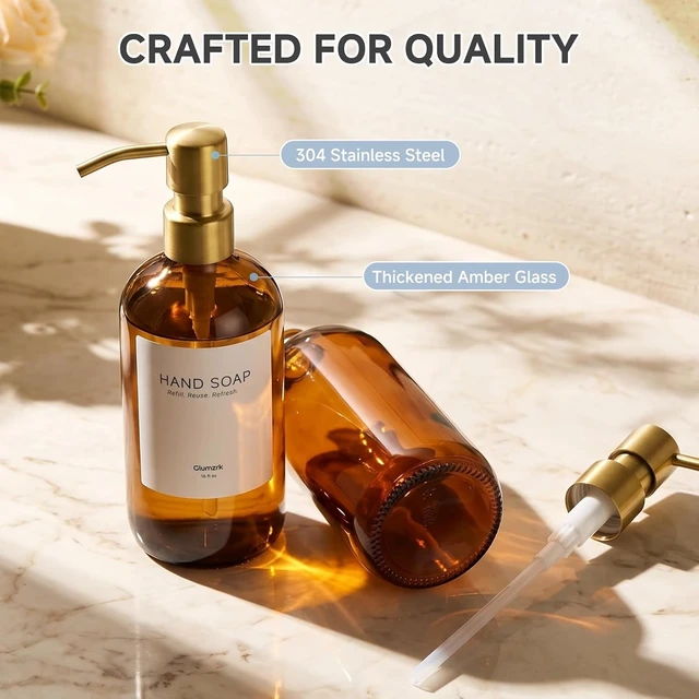 Alt view image 5 of 7 - Kitchen Soap Dispenser Set, 2 Pack 16oz Amber Glass Dish Soap and Hand Soap Dispenser with Gold Stainless Steel Pumps, Quick Dry Tray, Dish Brush & Holder, Refillable Soap Dispenser for Kitchen Sink