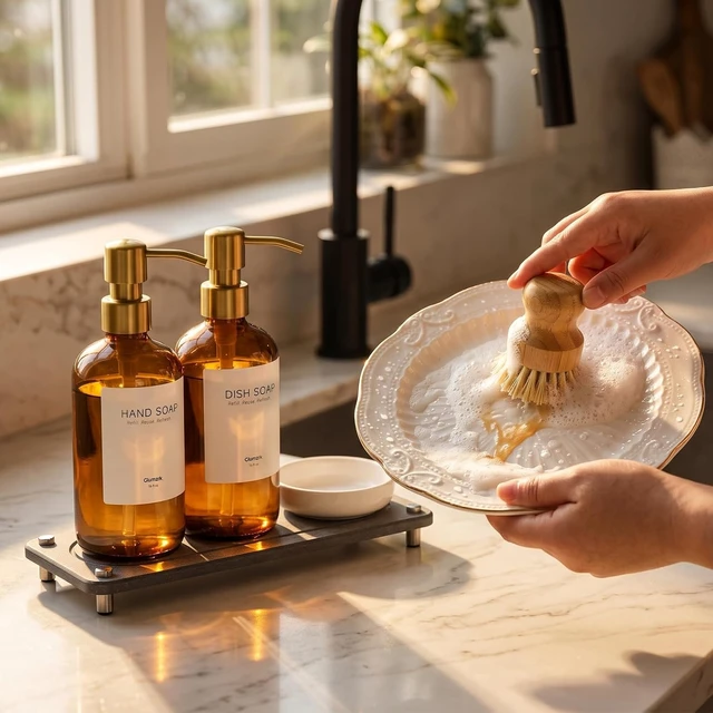 Alt view image 6 of 7 - Kitchen Soap Dispenser Set, 2 Pack 16oz Amber Glass Dish Soap and Hand Soap Dispenser with Gold Stainless Steel Pumps, Quick Dry Tray, Dish Brush & Holder, Refillable Soap Dispenser for Kitchen Sink
