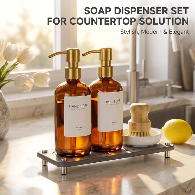 Alt view image 7 of 7 - Kitchen Soap Dispenser Set, 2 Pack 16oz Amber Glass Dish Soap and Hand Soap Dispenser with Gold Stainless Steel Pumps, Quick Dry Tray, Dish Brush & Holder, Refillable Soap Dispenser for Kitchen Sink