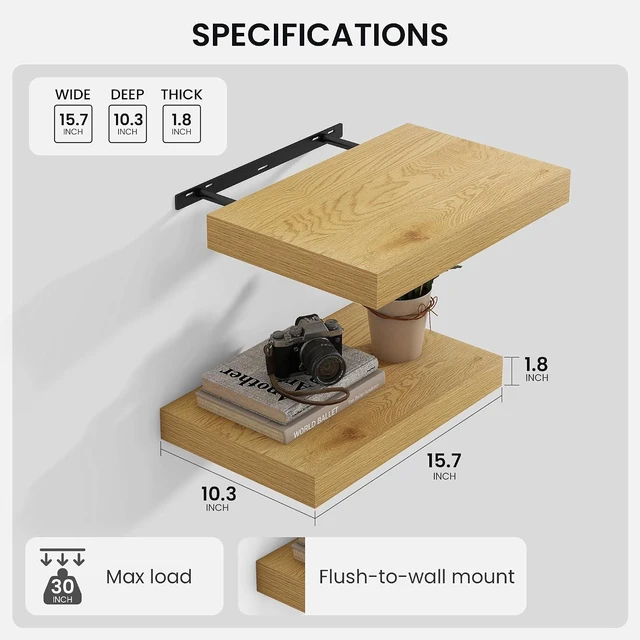 Alt view image 3 of 7 - Floating Shelves 15.7" W x 10.3" D Oak Set of 2