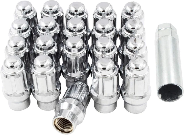Main image of 20 Pcs + Key M12x1.25 12x1.25 Thread ET Bulge Acorn (Extra Thread) 1.57" Long Spline Lug Nuts Chrome Spline Hex Fits Most Subaru Nissan Pass Cars