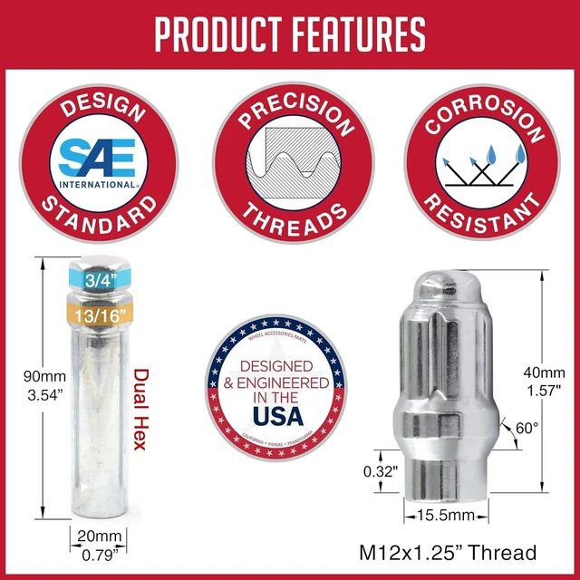 Alt view image 5 of 7 - 20 Pcs + Key M12x1.25 12x1.25 Thread ET Bulge Acorn (Extra Thread) 1.57" Long Spline Lug Nuts Chrome Spline Hex Fits Most Subaru Nissan Pass Cars