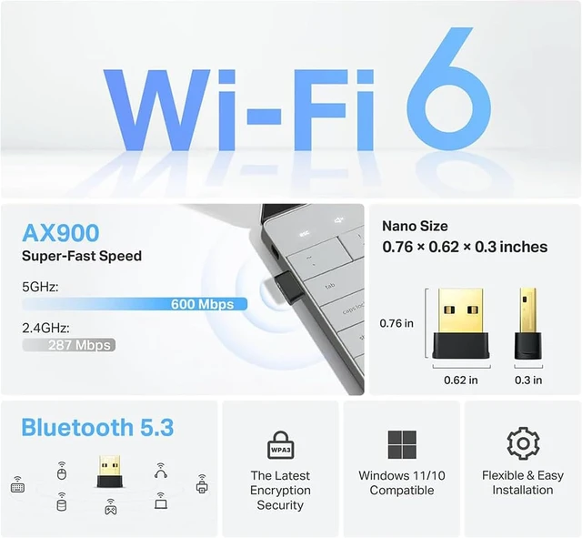 Alt view image 2 of 7 - Nano 2-in-1 AX900 USB WiFi 6 Bluetooth 5.3 Adapter for Desktop PC