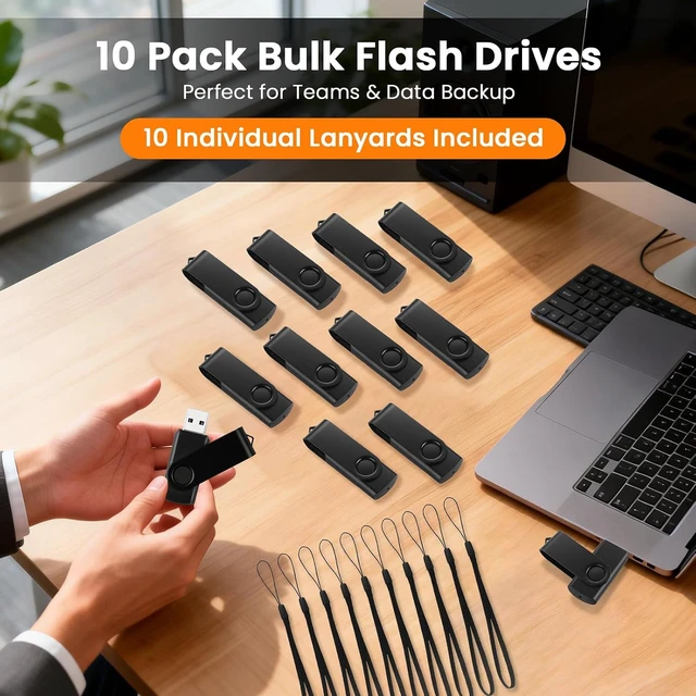 Alt view image 2 of 7 - 16GB Flash Drive 10 Pack, Black Thumb Drives Swivel USB Stick Flashdrive for Computer, USB 2.0 Memory Stick Jump Drive Pendrive with LED Indicator, Zip Drives for Data Storage Backup with 10 Lanyards