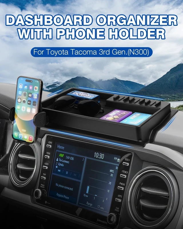 Alt view image 2 of 7 - Phone Holder Mount for Toyota Tacoma 2016-2023 Accessories Center Console Dashboard Organizer with Gopro Mount 360° Rotation Phone Stand with Anti-Slip Mat Hands-Free Shockproof