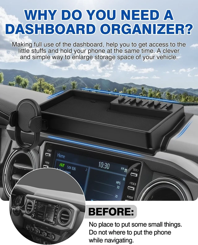 Alt view image 3 of 7 - Phone Holder Mount for Toyota Tacoma 2016-2023 Accessories Center Console Dashboard Organizer with Gopro Mount 360° Rotation Phone Stand with Anti-Slip Mat Hands-Free Shockproof