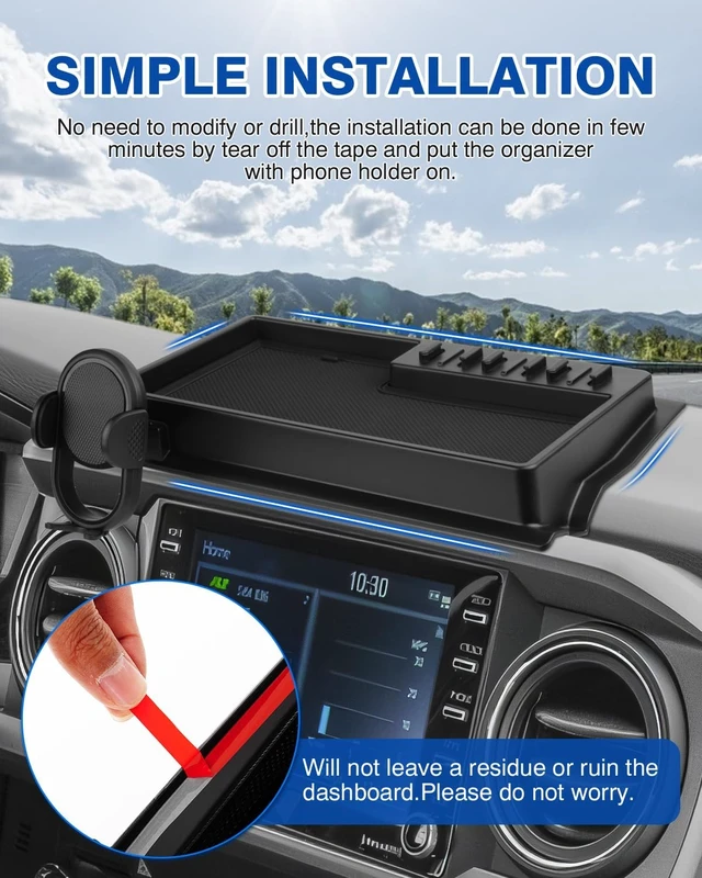 Alt view image 7 of 7 - Phone Holder Mount for Toyota Tacoma 2016-2023 Accessories Center Console Dashboard Organizer with Gopro Mount 360° Rotation Phone Stand with Anti-Slip Mat Hands-Free Shockproof