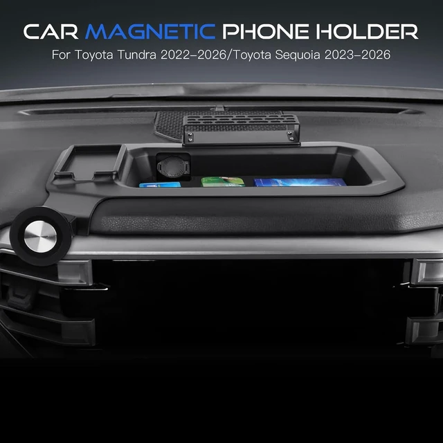 Alt view image 2 of 7 - Magnetic Car Phone Holder for Toyota Tundra 2022-2026/Sequoia 2023-2026 Accessories Strong Adsorption Phone Mount Stand with Dashboard Organizer & Gopro Mount & Card Slot 360° Rotation