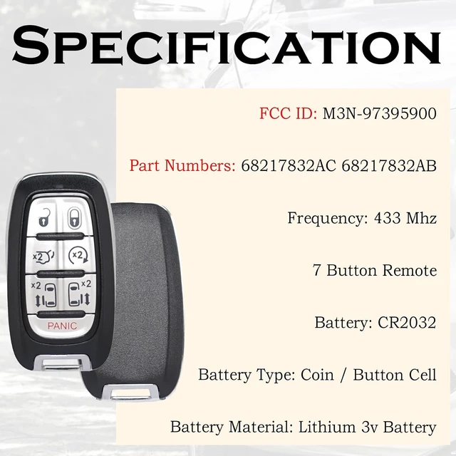 Alt view image 3 of 7 - Key Fob Replacement Fits for Chrysler Pacifica 2017 2018 2019 2020 2021 2022 2023 2024 Voyager 2020-2024 Proximity Smart Keyless Entry Remote Control M3N-97395900 68217832AC 433 Mhz