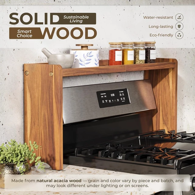 Alt view image 3 of 7 - Wood Over The Stove Spice Shelf, 31.5 Inch Solid Acacia Wood Rack