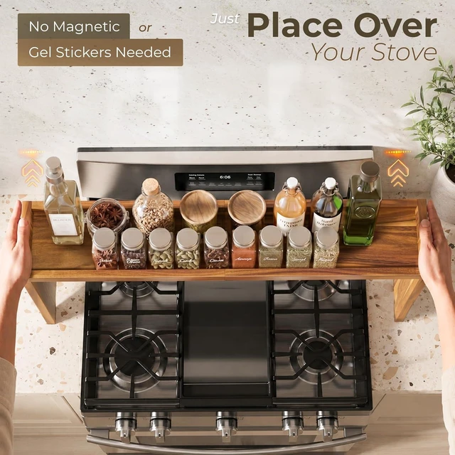 Alt view image 4 of 7 - Wood Over The Stove Spice Shelf, 31.5 Inch Solid Acacia Wood Rack