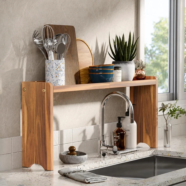 Alt view image 6 of 7 - Wood Over The Stove Spice Shelf, 31.5 Inch Solid Acacia Wood Rack