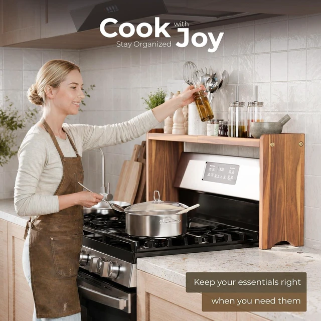 Alt view image 5 of 7 - Wood Over The Stove Spice Shelf, 31.5 Inch Solid Acacia Wood Rack
