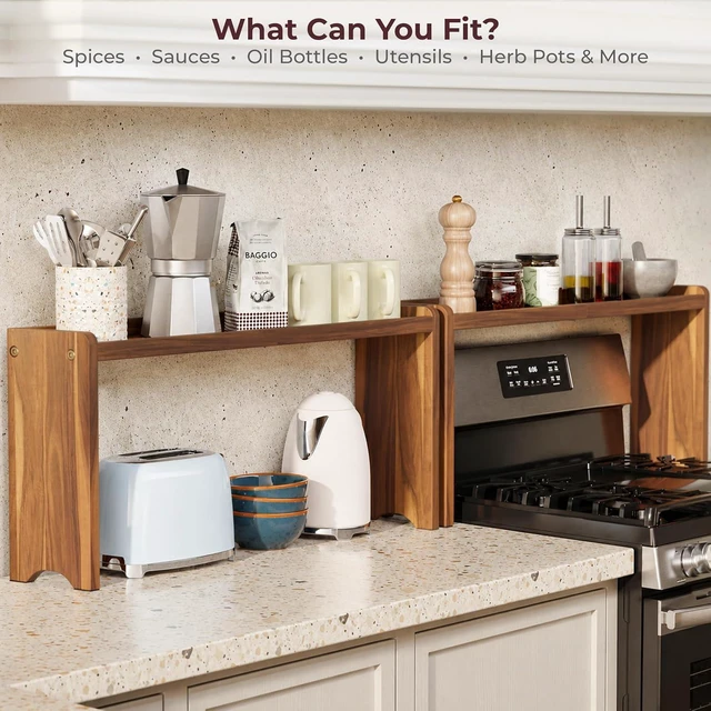 Alt view image 7 of 7 - Wood Over The Stove Spice Shelf, 31.5 Inch Solid Acacia Wood Rack