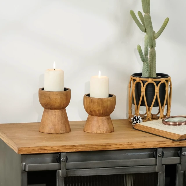 Alt view image 3 of 6 - Farmhouse Wooden Pillar Candle Holders Set of 2, Mantel Decor