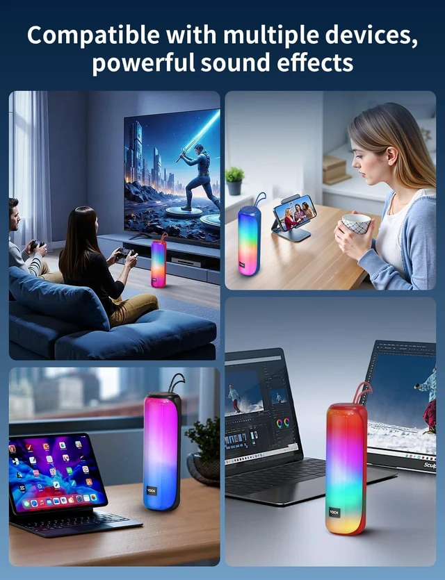 Alt view image 3 of 7 - Bluetooth 5.3 Speaker with RGB Light, Portable Wireless Speaker with 20H Playtime, TWS Stereo Sound, IPX7 Waterproof, USB&TF Card Support, Loud Sound for Outdoor Camping Home Travel Party Black