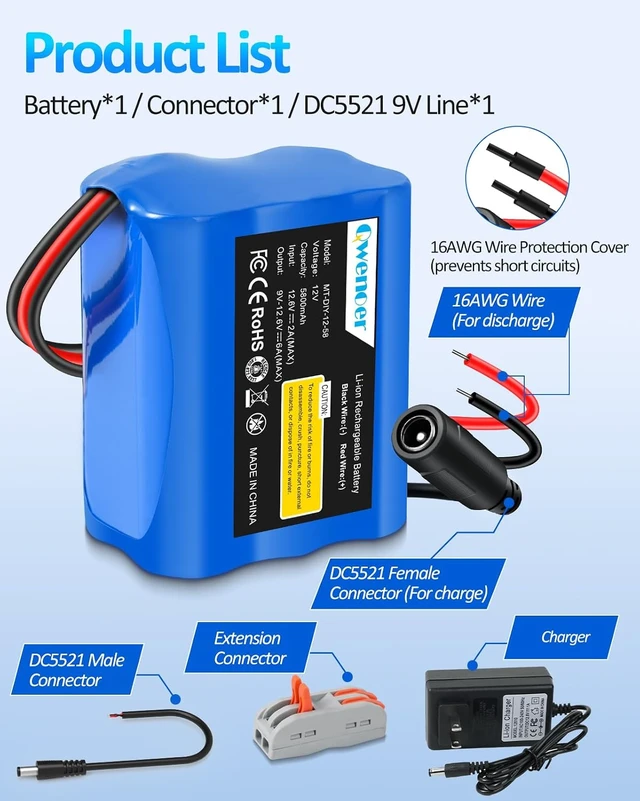 Alt view image 6 of 7 - 5800mAh 12V Lithium Battery, 12V Battery Pack with 12 Volt Battery Charger and Bare Leads Wire, 12Volt Rechargeable Battery for 12 Volt Devices RC Car, Boat, Robot, DIY, LED Light Strip, CCTV Camera