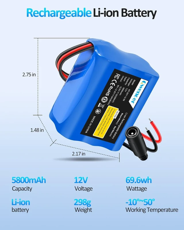 Alt view image 3 of 7 - 5800mAh 12V Lithium Battery, 12V Battery Pack with 12 Volt Battery Charger and Bare Leads Wire, 12Volt Rechargeable Battery for 12 Volt Devices RC Car, Boat, Robot, DIY, LED Light Strip, CCTV Camera