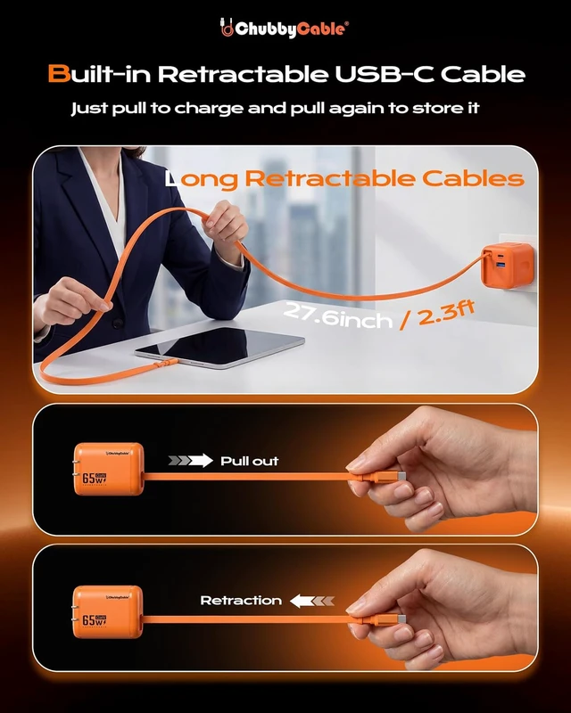 Alt view image 4 of 7 - 65W GaN Wall Charger with Retractable USB C Cable, Orange