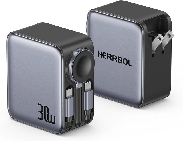 Main image of HERRBOLAI 30W 3 in 1 Retractable Charger, Wall Charger Block Fast Charging with Triple Retractable Charging Cables, Portable Travel Charger for iPhone 17-8, for Watch, Air Pods, , iPad