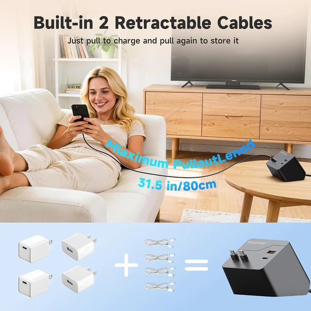 Alt view image 2 of 6 - 4 in 1 Retractable Charger Station with Dual USB C Cables, Black