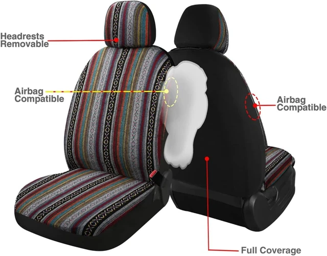 Alt view image 2 of 7 - Baja Saddle Blanket Car Seat Covers 9PCS Full Set, Breathable and Washable Striped Woven Automotive Vehicle Seat Cover, Universal Seat Cover for Sedan, SUV, Truck, Airbag Compatible