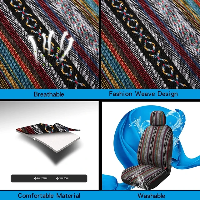 Alt view image 4 of 7 - Baja Saddle Blanket Car Seat Covers 9PCS Full Set, Breathable and Washable Striped Woven Automotive Vehicle Seat Cover, Universal Seat Cover for Sedan, SUV, Truck, Airbag Compatible