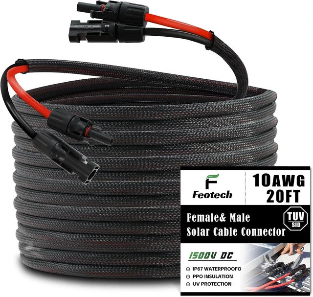 Main image of Twin Wire 20FT Solar Extension Cable - 10AWG (6mm²) Solar Panel Connector, with 4 Pairs-IP67-Male/Female Solar connectors for Outdoor Automotive RV Boat Marine Solar Panel- Black & Red