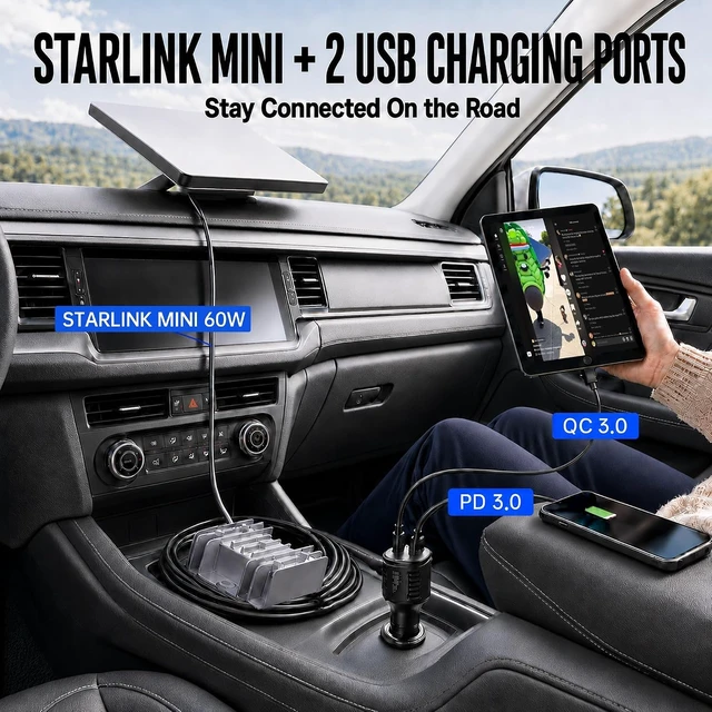 Alt view image 5 of 7 - 3-in-1 Starlink Mini Car Adapter, 105W Boost Car Charger, Dual USB, Display
